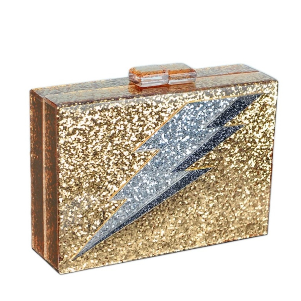 Gold Glitter Clutch with Silver Lightning Bolt